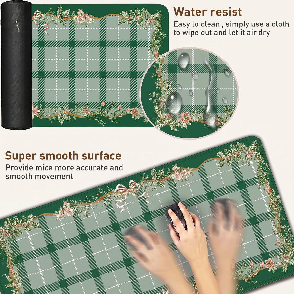 Xmas Plaid Desk Mat (Green Plaid Holly / 35.4" x 15.7")
