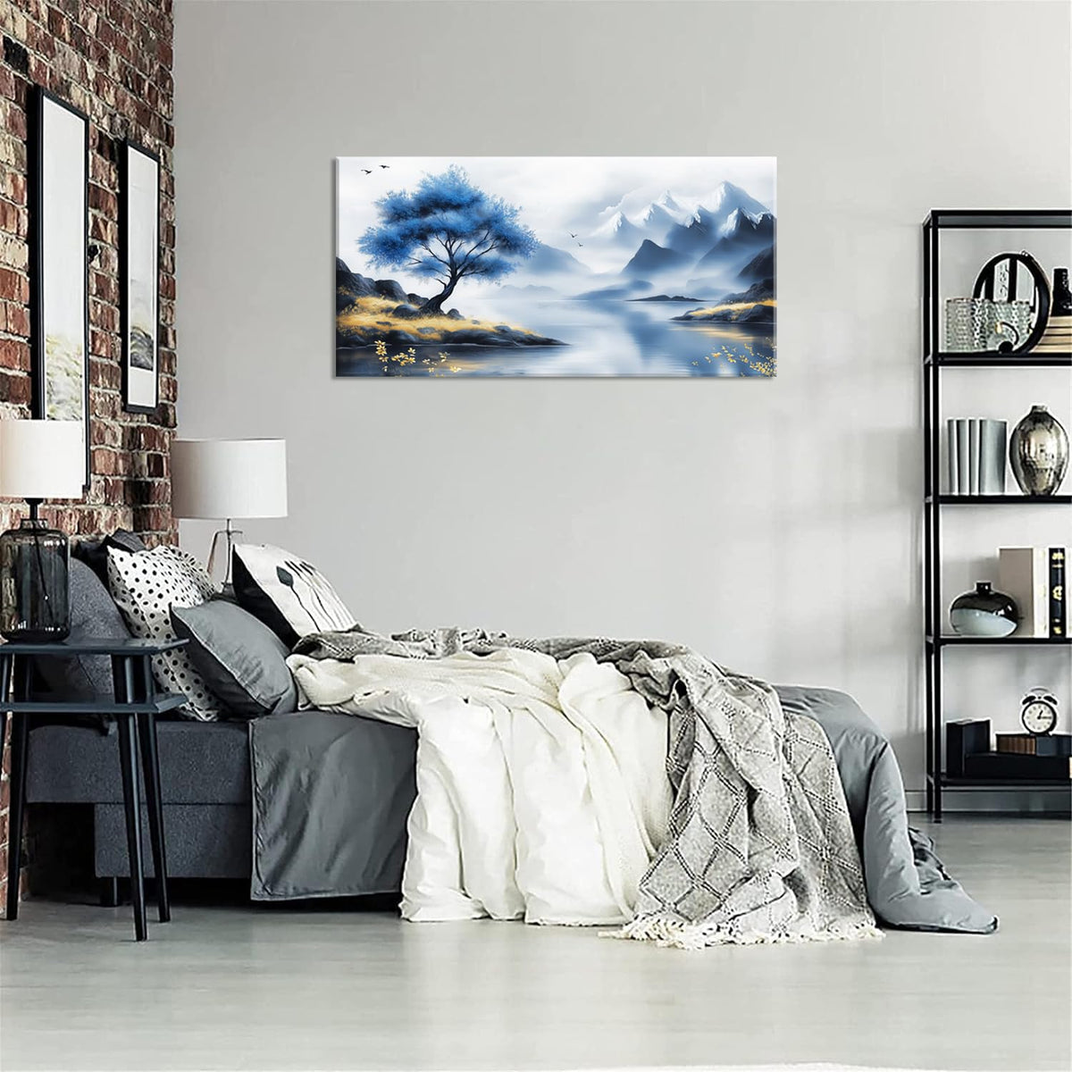 Blue Tree Lake Wall Art for Living Room Canvas Painting Prints Beautiful Mountain Lakeside Landscape White Nature Artwork Office Bedroom Family Room Decor Large (46L" x 23W" / Yellow and Blue Wall Art(k826))