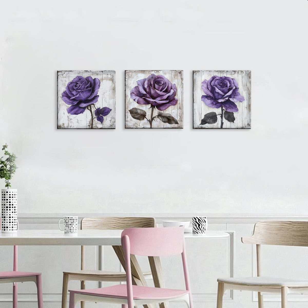 3Pcs Purple Rose Canvas Prints Wall Art Botanical Floral Art Modern Flower Artwork Ready to Hang Textured Wall Art Print Decorative Wall Hanging for Living Room Bedroom Kitchen (20 x 20 inches (3-Piece Set) / Purple Rose)