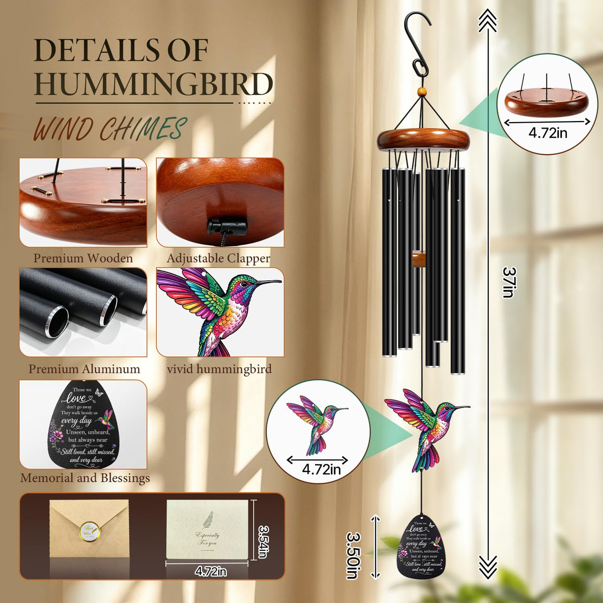37''Memorial Wind Chimes for Loss of Loved One (Hummingbird-b)