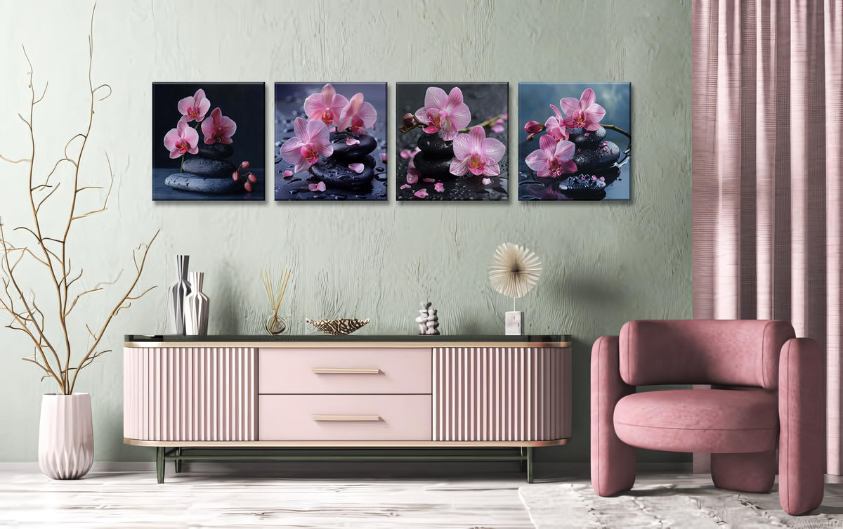 4Pcs Pink Orchid Canvas Wall Art Zen Spa Decor with Black Stones and Water Drops Tranquil Floral Prints Nature Home Decoration for Bedroom Living Room Bathroom Ready to Hang Relaxing Artwork (16X16inchX4 / Pink Orchid)