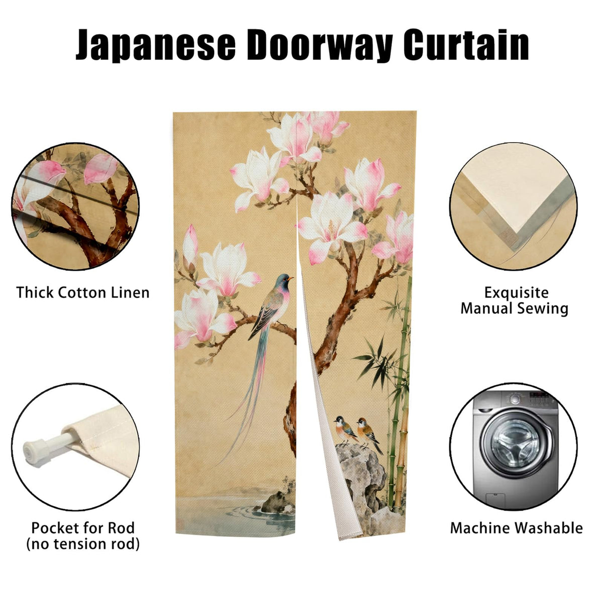 Noren Doorway Curtain Flower Bird Door Curtains 33.5x59inch (Beige Pink / 33.5"W x 59"L (Pack of 1))