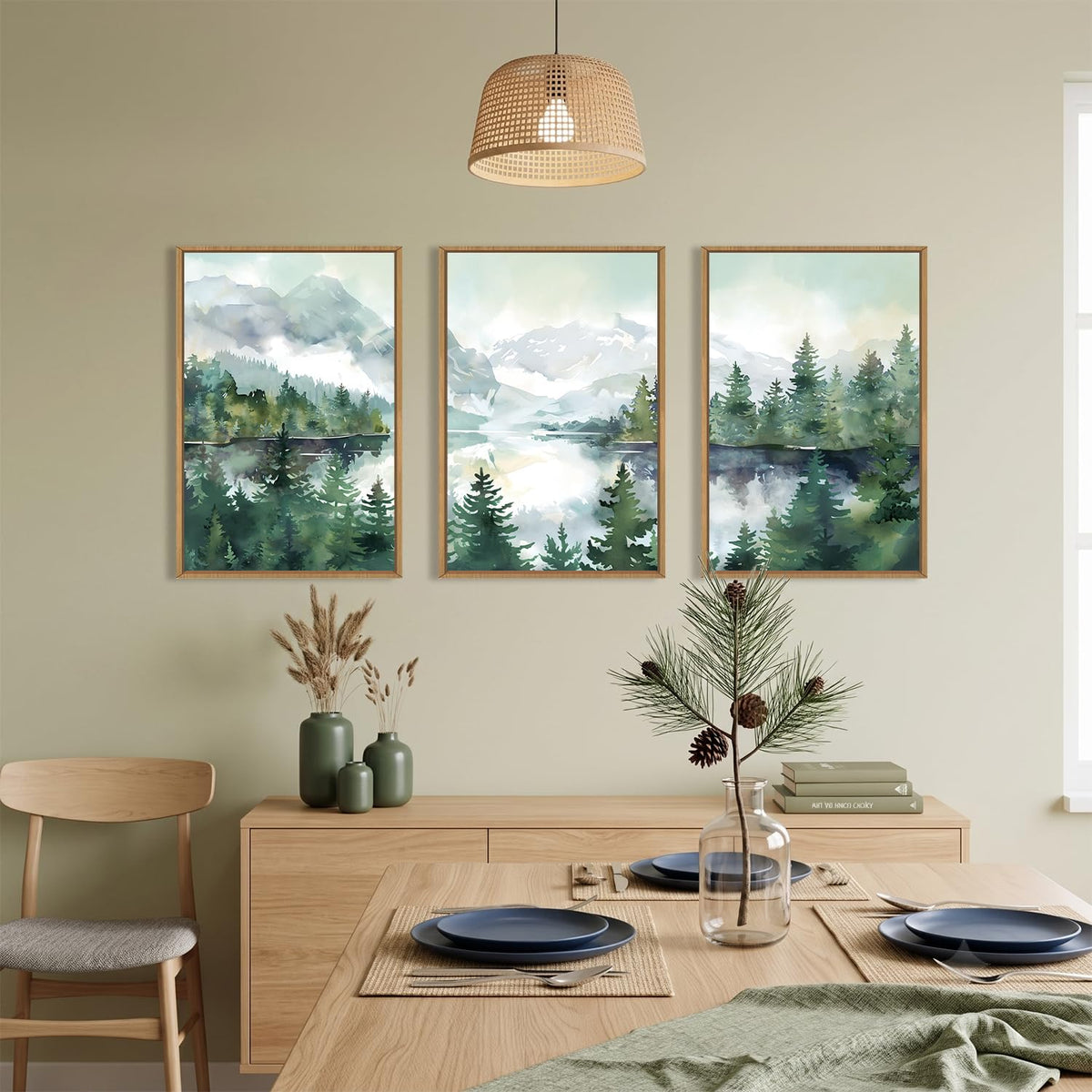 Watercolor Mountain Forest Framed Canvas Wall Art Set (Watercolor Mountain Wall Art / 24"L x 36"W)