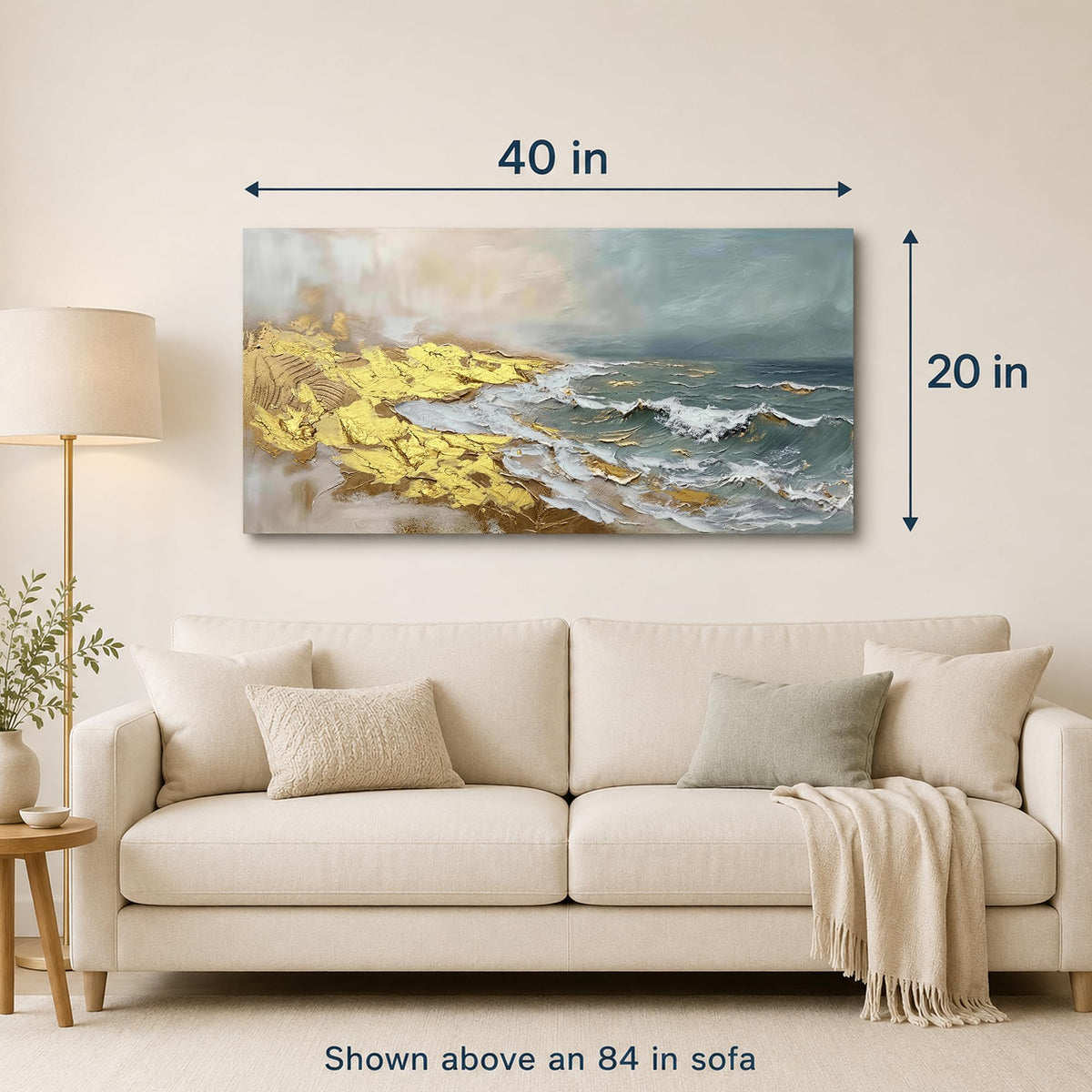 Abstract Blue & Gold Ocean Canvas Wall Art for Living Room 40"x20" (Gold Beach / 40"L x 20"W)