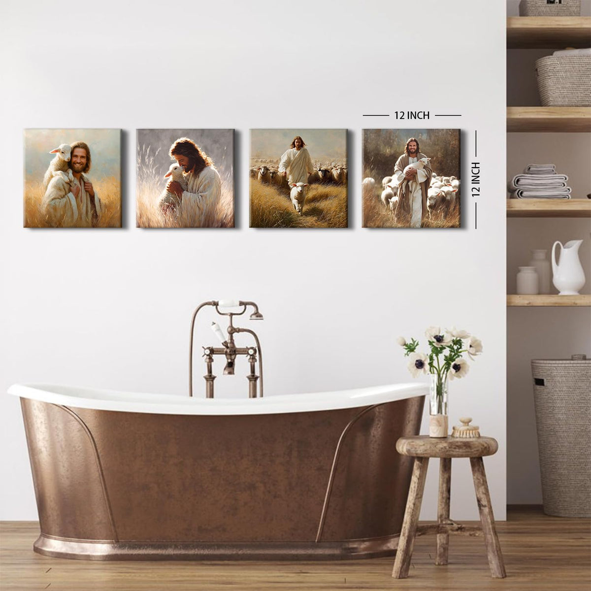 Jesus and Lamb Wall Art Set of 4 Christian Wall Decor Running After Lost Lamb Pictures Canvas Prints Vintage Jesus Theme Paintings Christ The Good Shepherd Artwork Home Decorations 12x12” (12"L x 12"W / Jesus01)