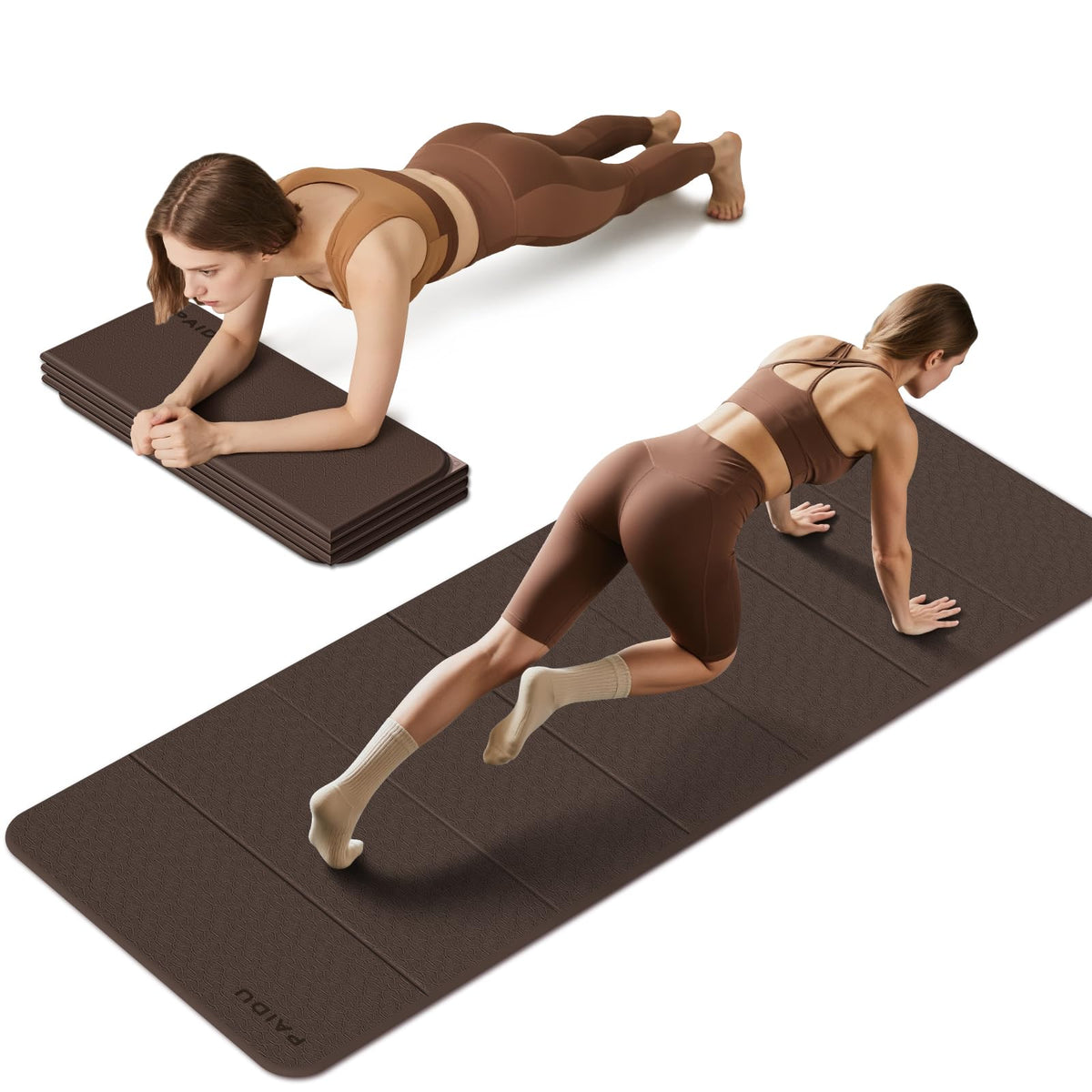 Foldable Yoga Mat 10MM Thick SGS Certified TPE 75x26" Portable (Dark Brown & Beige)