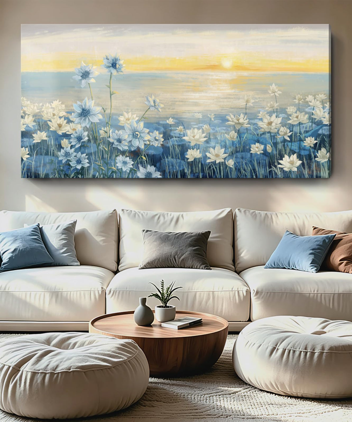 Extra Large Wall Art for Living Room Modern Framed Coastal Beachy Canvas Wall Art Big Floral Sunrise Blue Wall Picture Oversized Lake Nature Sunset Artwork for Office Bedroom Decor 58"x29" (Sunrise Wall Art / 58"L x 29"W)
