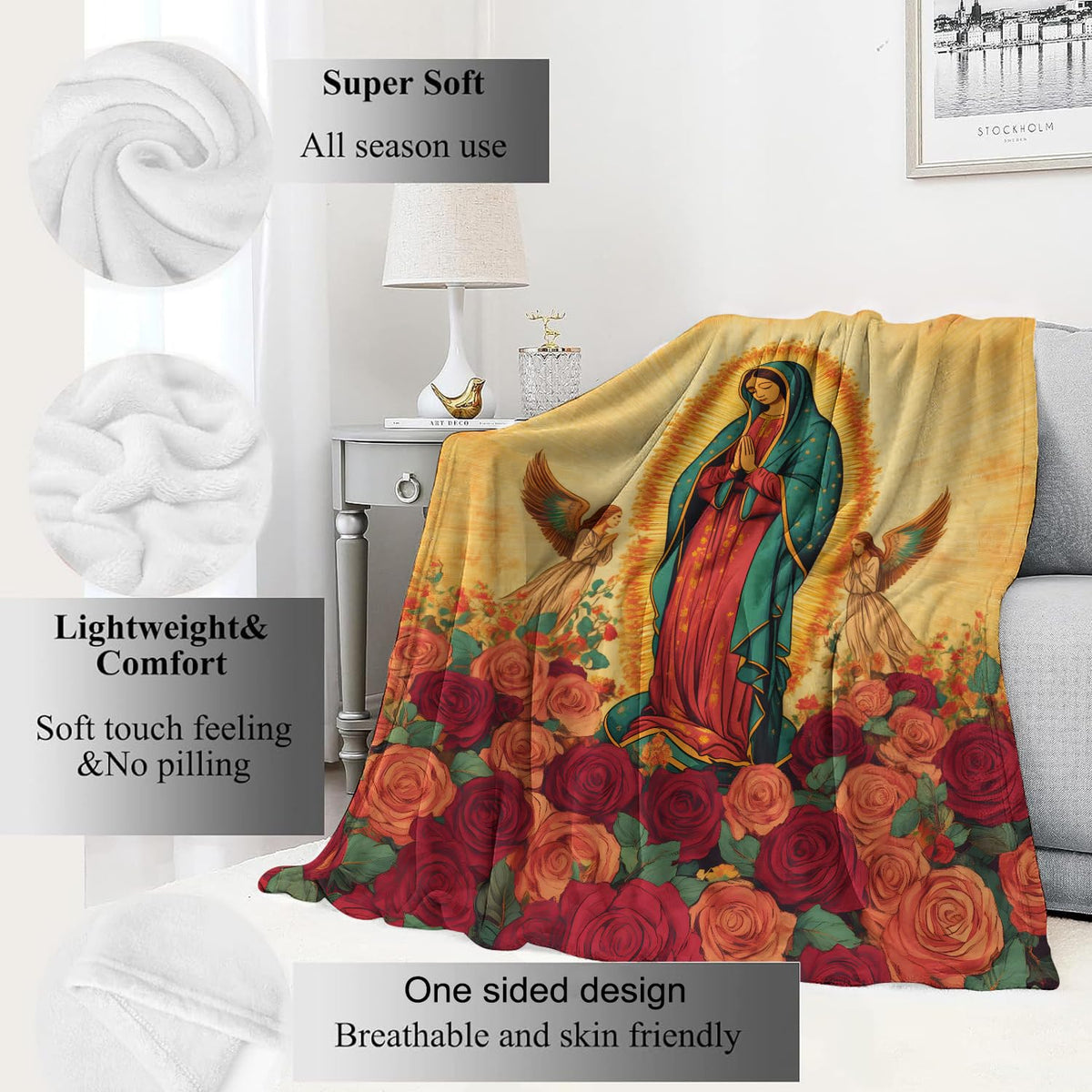 Virgin Mary with Rose Blanket Our Lady of Guadalupe Retro Throw Blankets (60x80in / Virgin Mary)