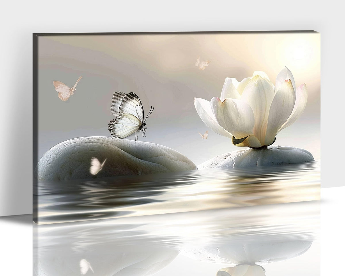 Zen Wall Art White Lotus Flower Canvas Art Prints for Spa Bathroom Decor (Zen Stones Canvas Frame-26 / 18"L x 12"W)