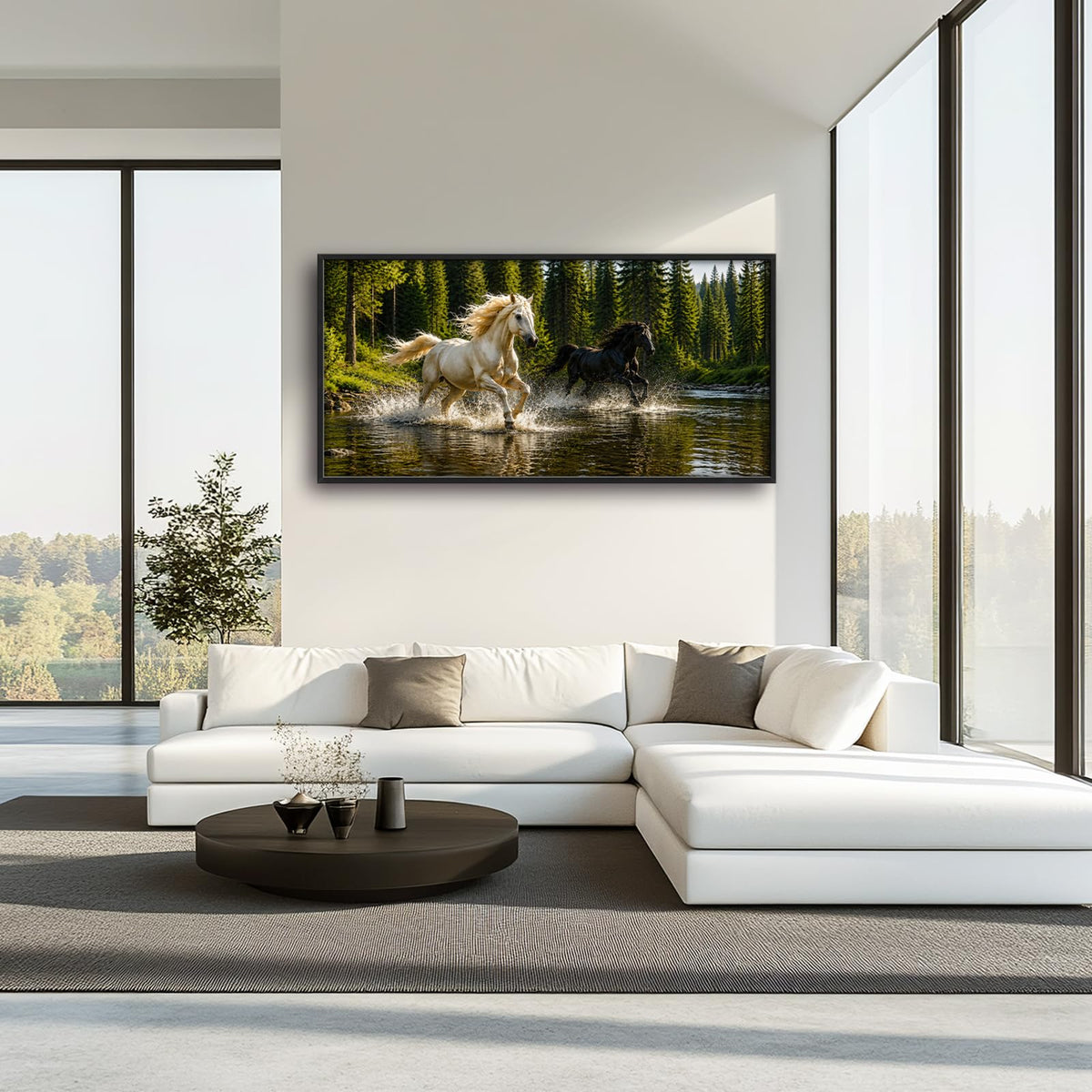 Large Framed Running Horses Wall Art Print Forest Decor 60"x30" (2 Horses / 60"L x 30"W)