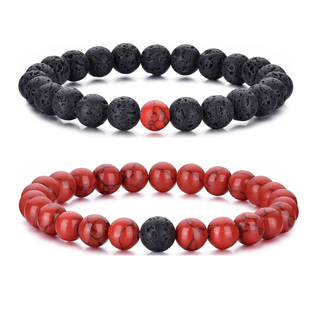 Mens Bracelets 8MM Natural Stone Beads Bracelet Set Stretch Adjustable Beaded Bracelets for Men (2,red,black)