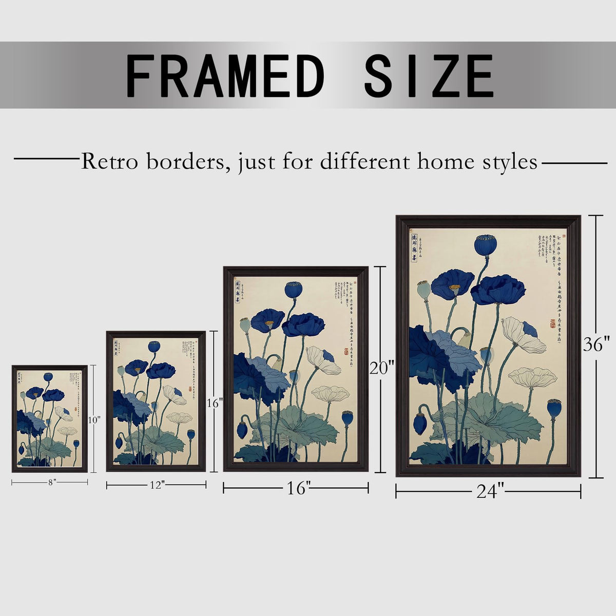 Japanese Indigo Blue Poppy Canvas Wall Art Vintag Ukiyo (Black 07 / 16"L x 20"W)