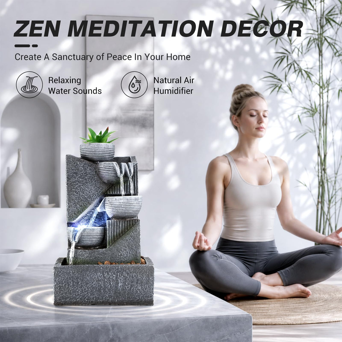 Water Fountains Indoor Waterfall Fountain Relaxing Water Feature Indoor Fountain Zen Meditation Tabletop Fountain with LED Light & Artificial Green Plants for Home Office Bedroom Decor (Style 11)