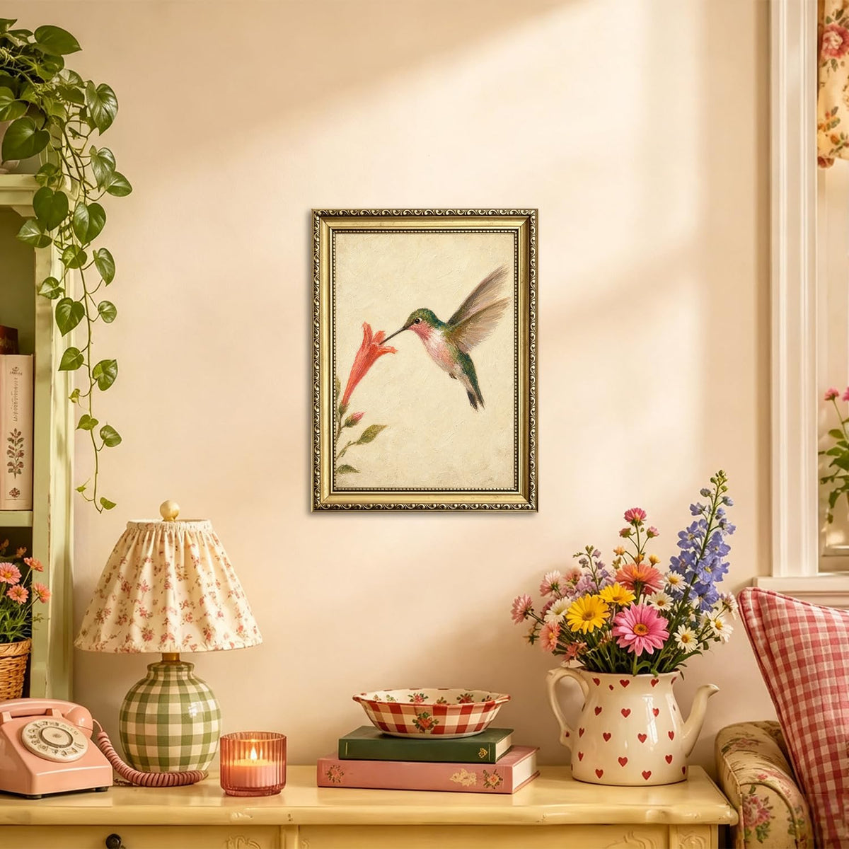 Vintage Hummingbird Wall Art Nature Floral Bird Wall Decor Picture Neutral Bird Canvas Painting Print for Farmhouse Living Room Bedroom 12x16 inch Gold Framed (Animal-LL / 16"L x 12"W)