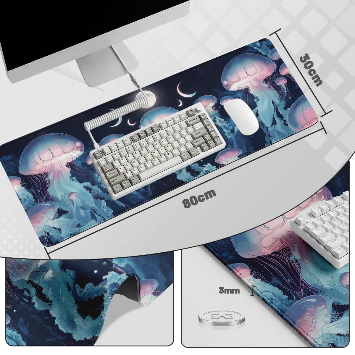 Jellyfish Art Large Gaming Mouse Pad Dream Moonlit Fantasy Ocean Desk Mat (Jellyfish Art / 31.5" x 11.5")
