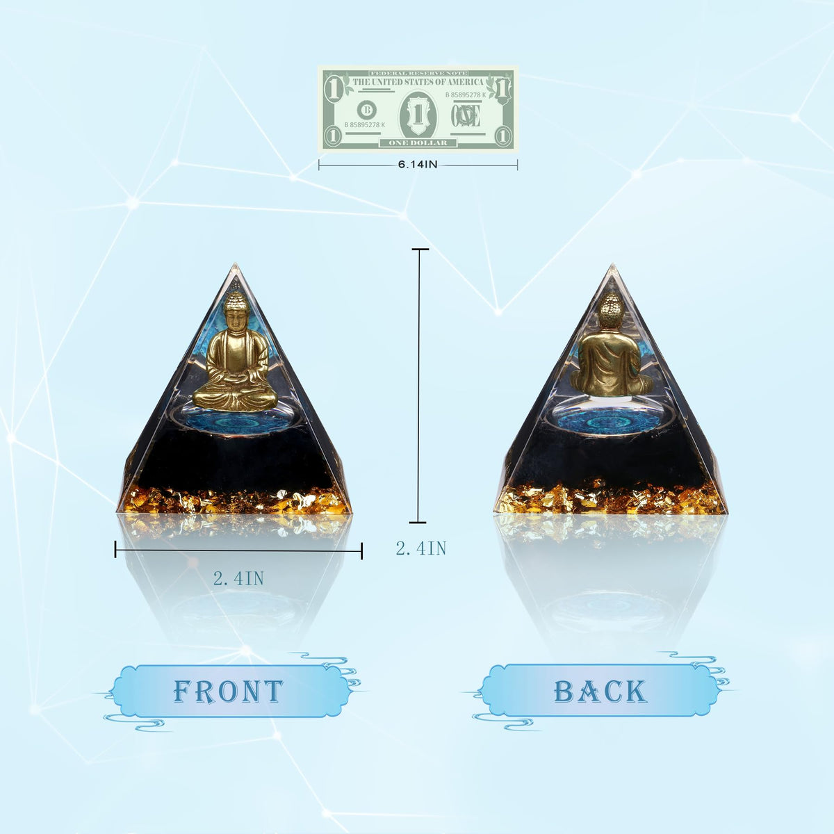 Little Buddha Statue in Healing Crystal Organite Pyramid (Black / Large)