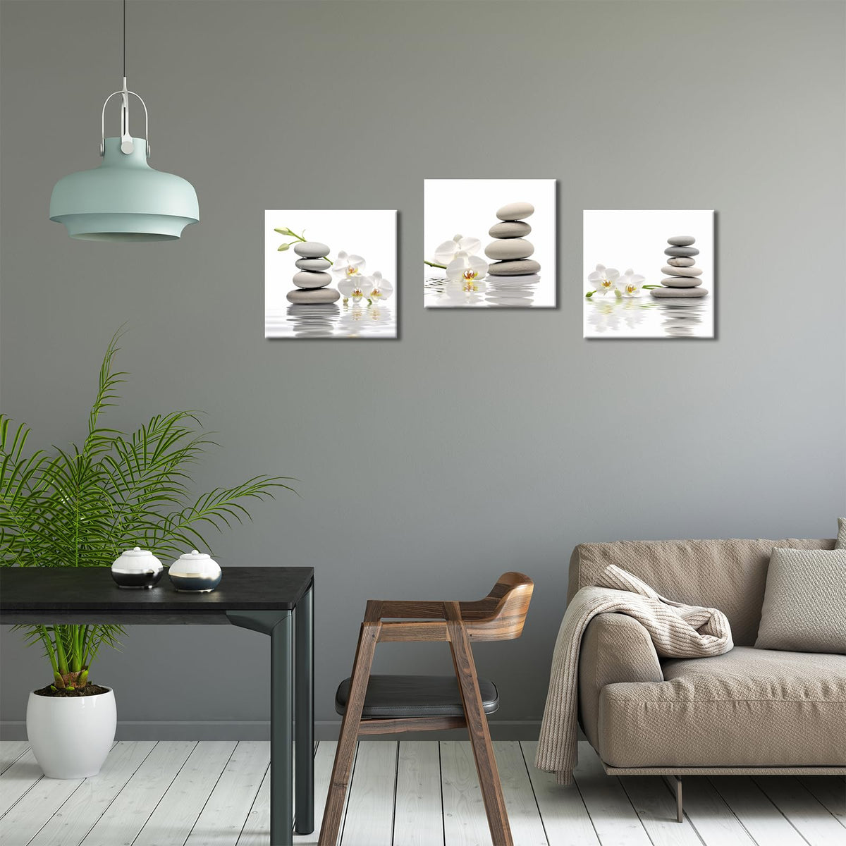 3 Panel Zen Wall Art Set Spa Meditation Zen Pebbles White Orchid Picture Canvas Print Painting Framed Artwork for Living Room Yoga Spa Room Bathroom Decor (Zen 02 / 24"L x 24"W)