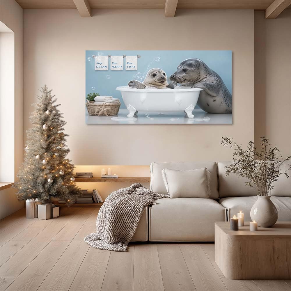 Cute Baby Seal Bubble Bath Canvas Wall Art Funny Animal Bathtub Painting Flat Print Gallery Wrapped Artwork for Living Room Bedroom Bathroom Decor (Wildlife / White Baby Seals Bathtub 22 / 58"L x 28"W)