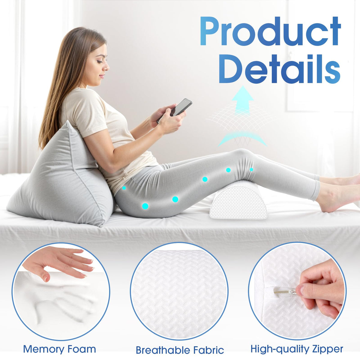 Knee Pillow for Back Sleeping Memory Foam Half Moon Bolster Pillow for Legs (White / Large)