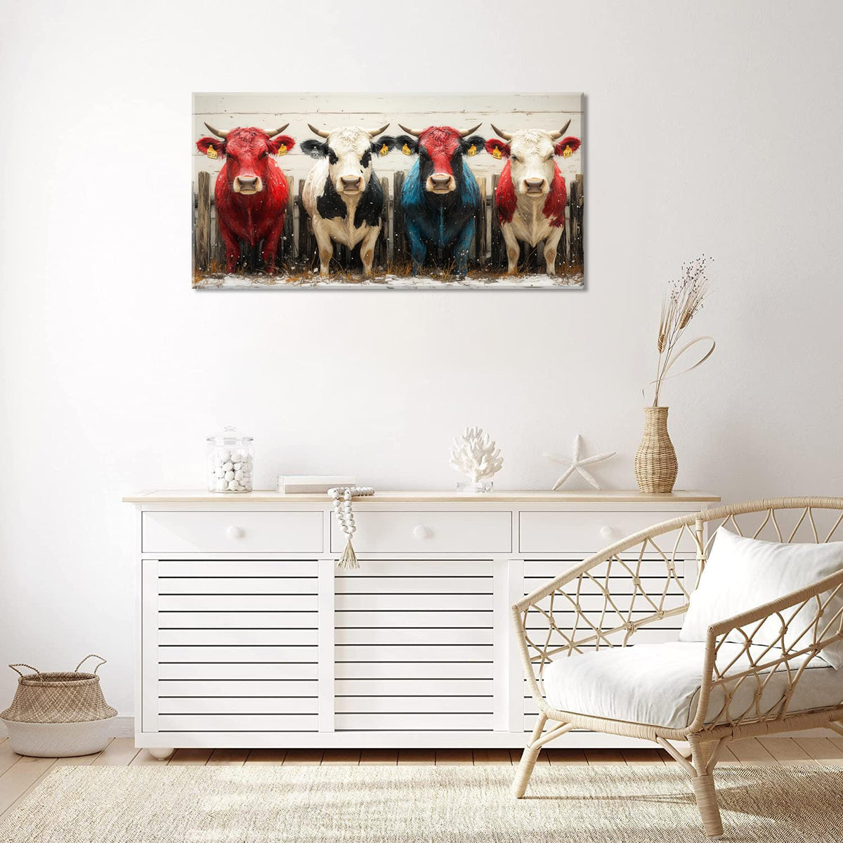 Colorful Cows Wall Art for Living Room Office Contemporary Farmhouse Rustic Charm Realistic Animal Painting Prints Country Canvas Artwork Dining Bedroom Decor Large (Rustic / Colorful Cows Wall Art / 46"L x 23"W)