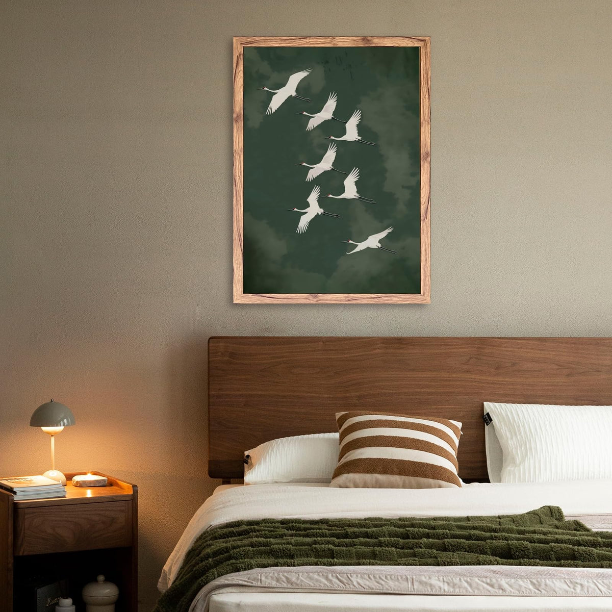 Wood Frame Japandi Wall Art Vintage Green Flying Bird Posters Elegant Japanese Cranes Zen Canvas Print Minimalist Wall Decor Painting Asian Decor Pictures for Living Room Bedroom 16x24inch (16"L x 24"W / style-3 Wood Framed)