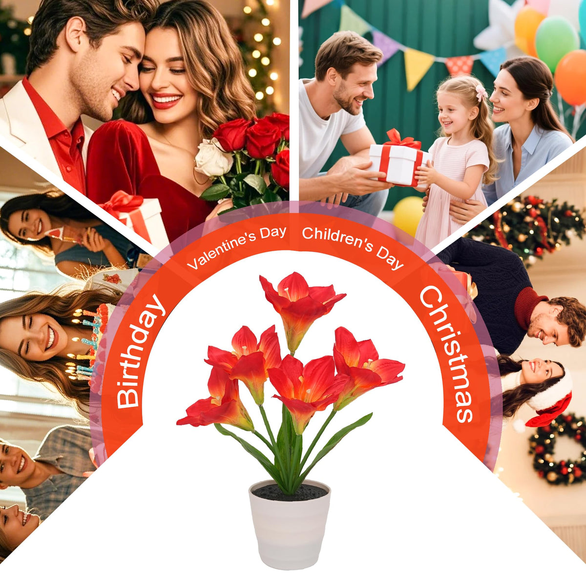 Artificial Red Amaryllis Flower Lamp Night Light for Bedroom Bar Coffee Shop Wedding Decor (Lily-Red)
