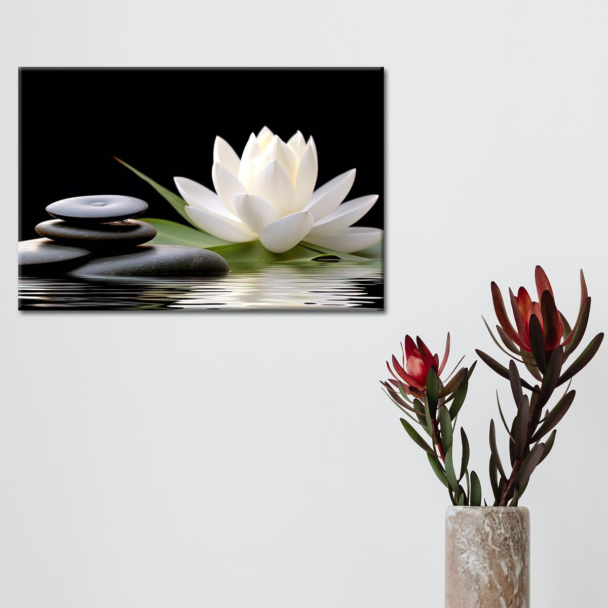 Zen Wall Art White Lotus Bloom in Water with Spa Stone (Artwork 02 / 24"L x 16"W)