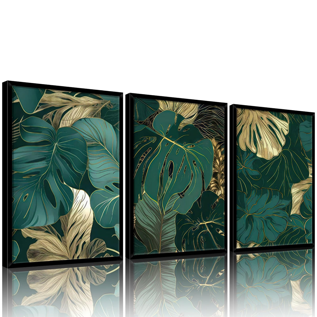 Tropical Botanical Leaf Wall Art Dark Green Picture Wall Decor (Green Leaf-3pcs / 12 X 16 Inches)