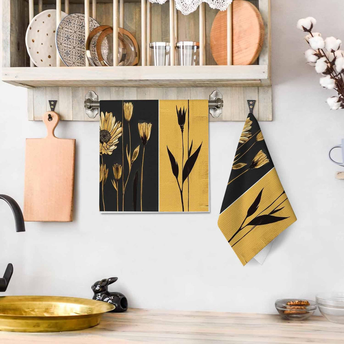 Flower Kitchen Towels Set of 2 Modern Abstract Gray Gold Sunflower Dish Towels Absorbent Soft Hand Tea Bar Towels for Farmhouse Home Decor 16"X24" (Flower)