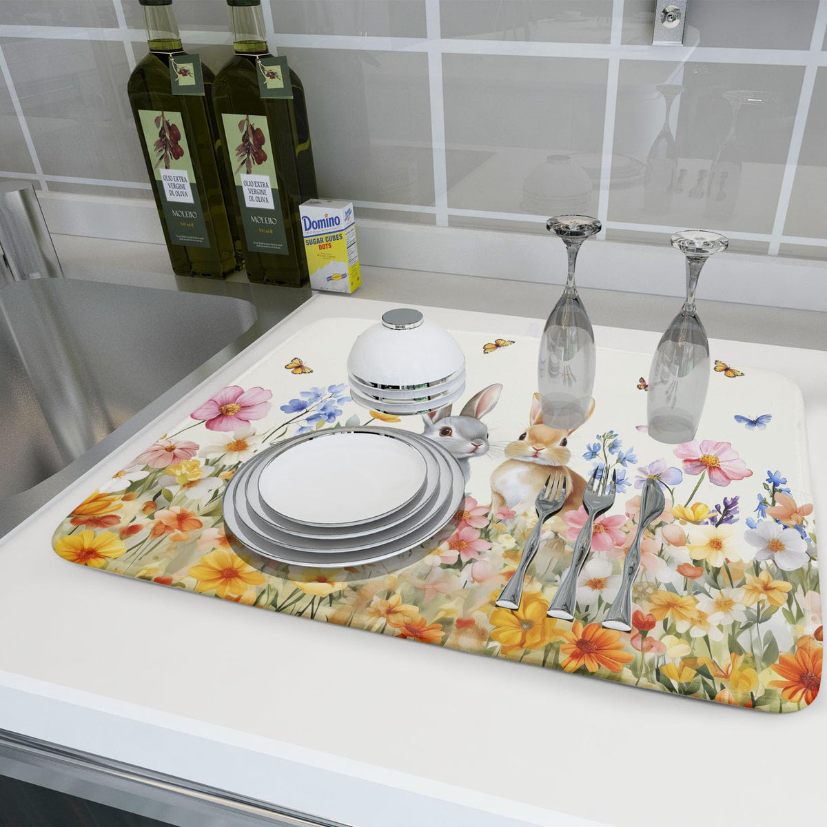 Spring Easter Rabbit Dish Drying Mat for Kitchen Counter (Rabbit / 18" x 24")