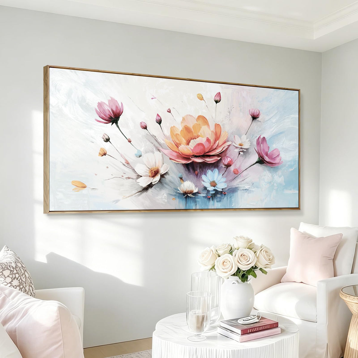 Overside Framed Abstract Flower Wall Art For Living Room 58X29 In (Colorful Flower Wall Art / 58"L x 29"W(Framed))