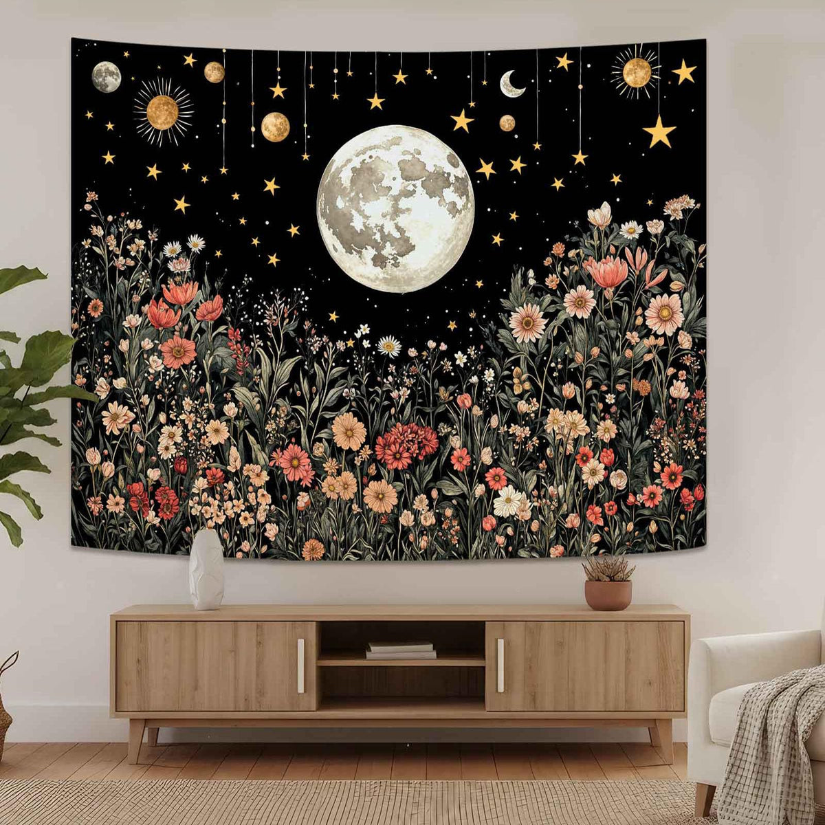 Enchanted Floral Night Sky Tapestry (80"L x 60"W / Black Moon)
