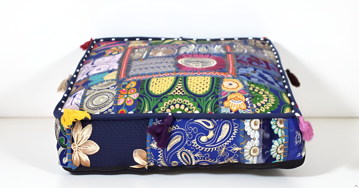 Indian Square Patchwork Traditional Pouf Cover Indian Living Room Poufs Decorative Embroidered Designer Ottoman Home Living Footstool Chair Cover Decor Pillow Cover 18x18x5 inches (18"D x 18"W x 5"H / Blue)