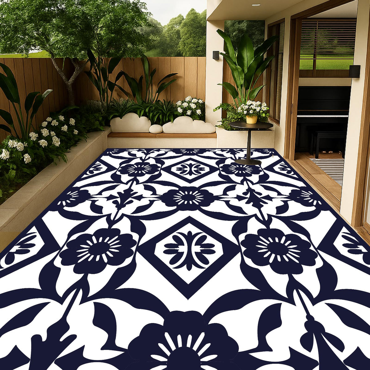 Navy Blue Flower Tile Rug 8x10 FT Waterproof Mat for RV Patio Camping (Klein / 8x10 Feet)