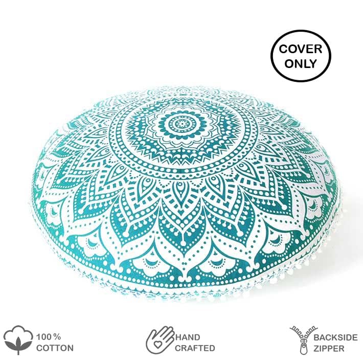 Mandala Floor Pillow Cover Meditation Cushion Seating Throw Hippie Round Colorful Decorative Bohemian Indian Pouf Ottoman Handmade Cover ONLY (32" x 32" (Pack of 1) / Ombre Green Round)