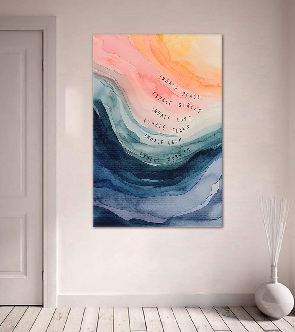 Teamwork Motivational Wall Decor Gradually Dye From Pink To Blue Inspirational Wall Art Inhale Love Exhale Fears for Bedroom Living Room Office Classroom Frame Ready To Hang (Style_15 / 44"L x 28"W)