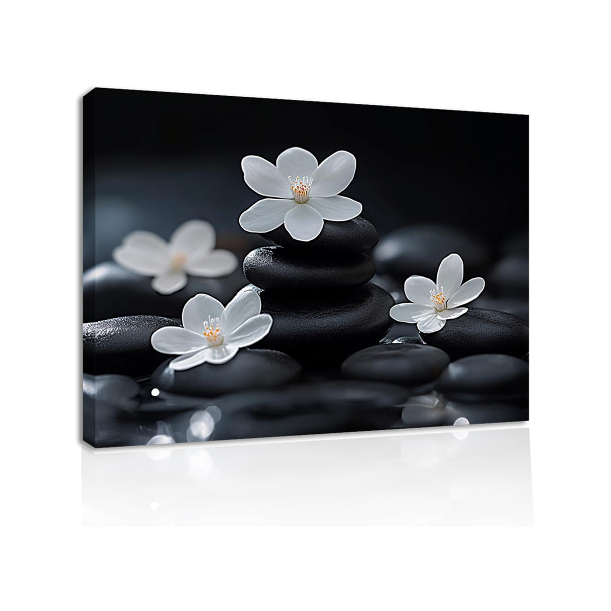Zen Wall Art Canvas Print Black Stones and White Cherry Blossoms Picture Framed Artwork Poster for Meditation Room Spa Bathroom Decor (WE000050-8 / 30"L x 20"W)