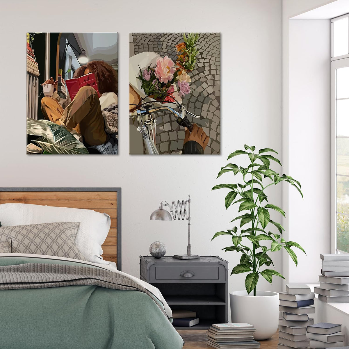 Modern African American Women Wall Art Set of 2 (colored-D / Framed16X 24Inches)