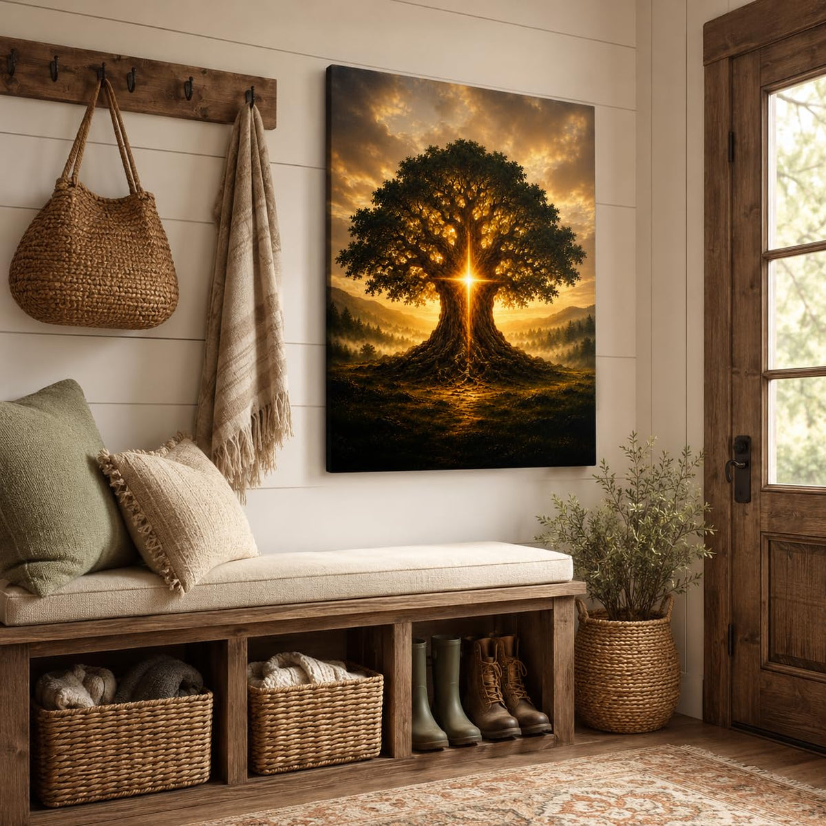 Tree of Life Canvas Wall Art Framed Golden Spiritual Landscape 12x16 Inch (Golden Tree / 16"L x 12"W)