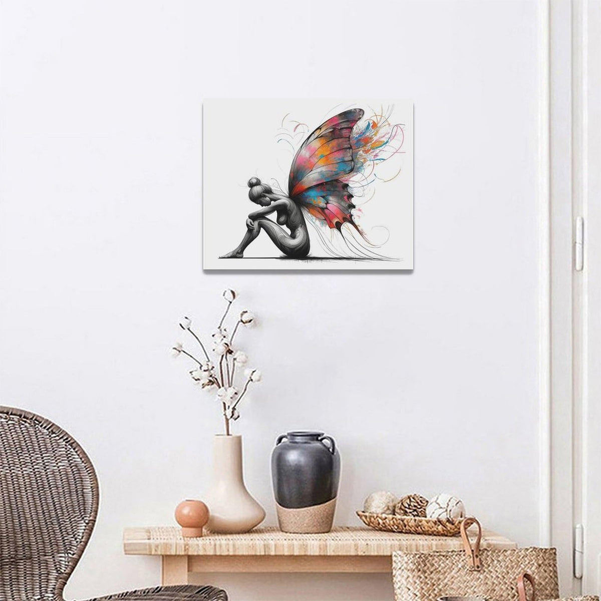 Butterfly Girl Wall Decor Colorful Butterfly Wings Pictures Canvas Wall Art Female Woman Painting Girl Room Decor Artwork Decorations Framed for Bedroom Bathroom living Room Office 20 x 16 inch (20"L x 16"W / Butterfly Wings)