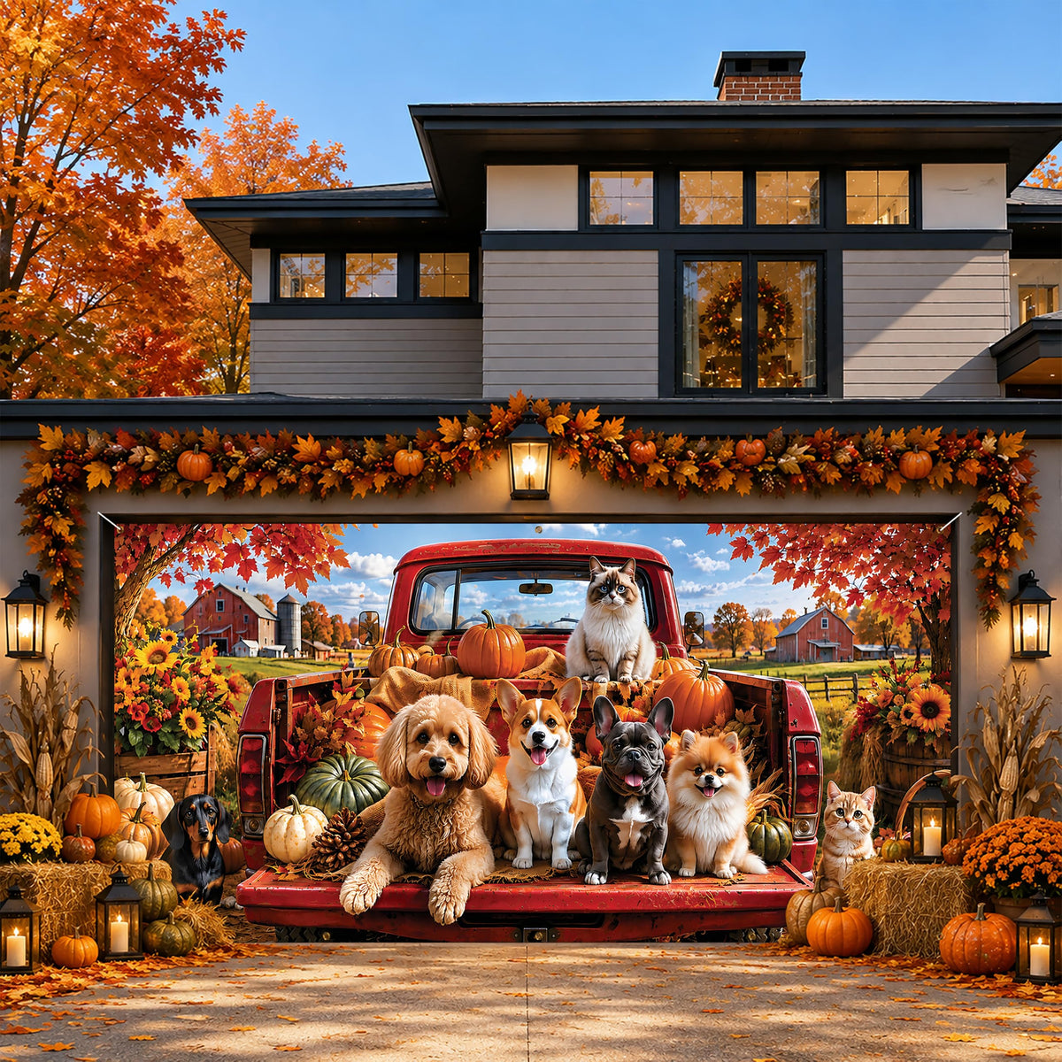 Thanksgiving Garage Door Banner Red Truck 6x13FT Fall Harvest Backdrop (Dog Families)
