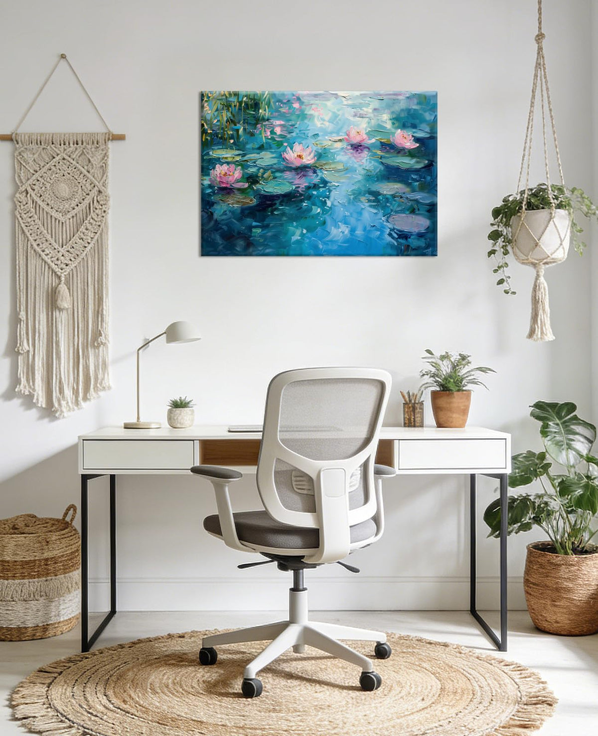 Large Lotus Wall Art Water Lilies Picture Canvas Prints Flowers Landscape Painting Vintage Floral Artwork for Living Room Bathroom Home Decor Framed (48"L x 32"W / Blue)