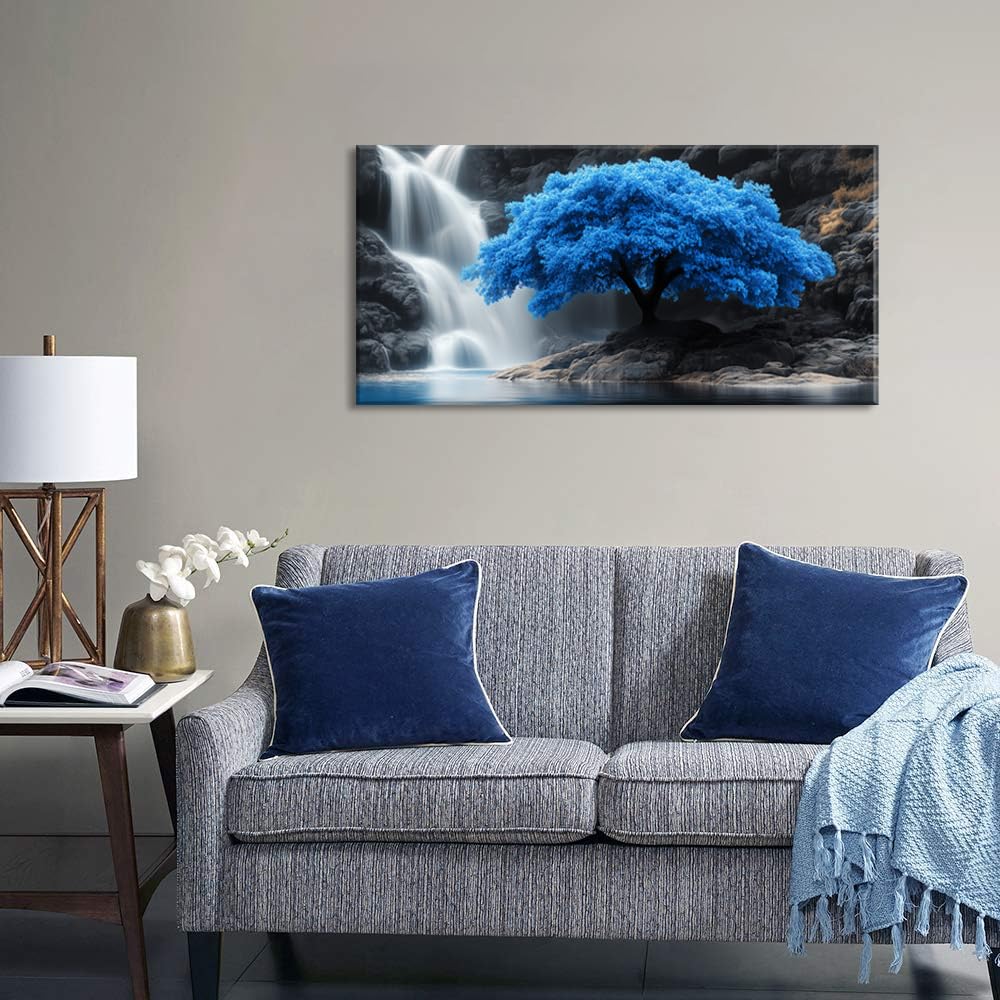 Navy Blue Tree Scenery Wall Art for Living Room Office Waterfall Landscape Art Deco Black and White Scenic Painting Prints Nature Canvas Artwork Over the Couch Bedroom Decor Large (46"L x 23"W / Navy Blue Tree Wall Art (K868))