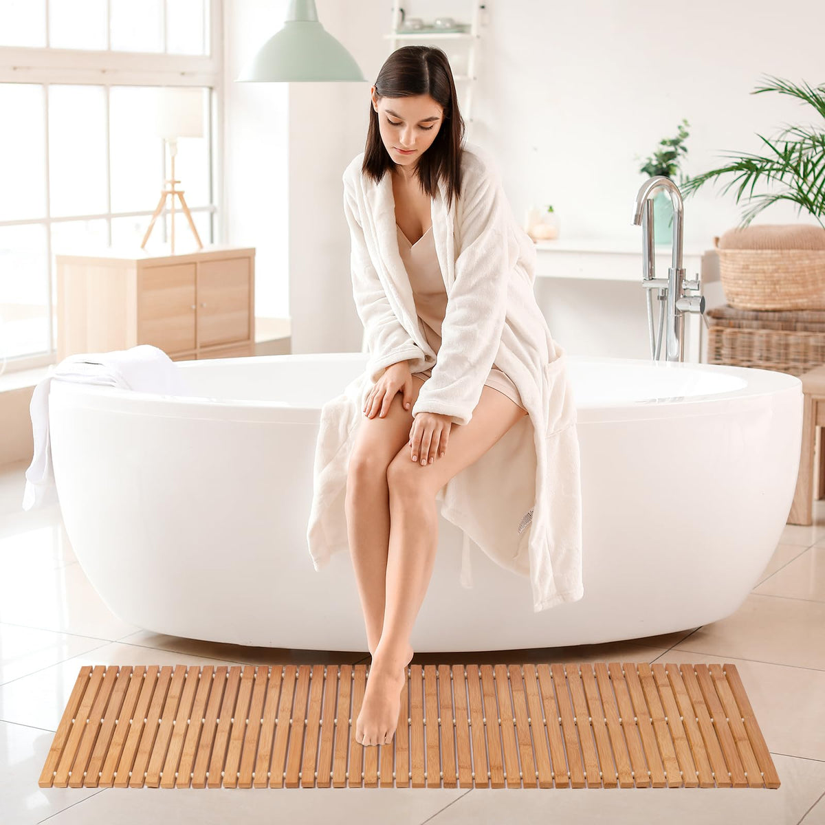 Bamboo Bath Mat Bathroom Runner Long Large Rugs Floor Wood Shower Bathtub Waterproof Non Slip Accessories 16x48 Inch Easy to Clean (Natural Bamboo / 16x48 Inch-1 pc)