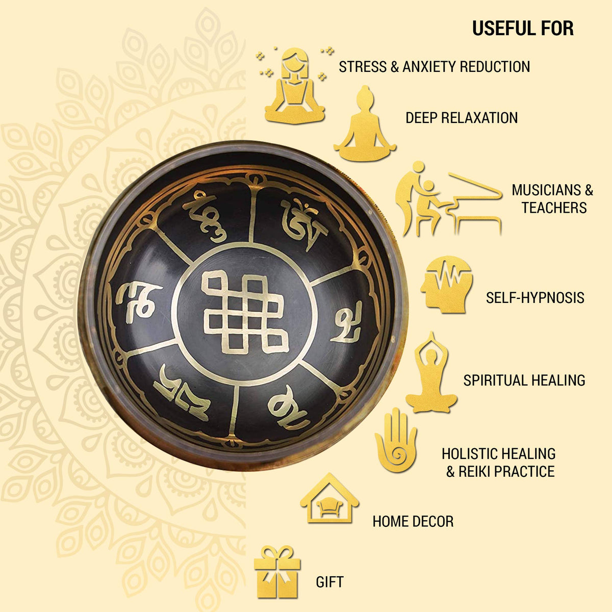 Tibetan Singing Bowl Set Bronze (Black - Yellow / 4 Inches)