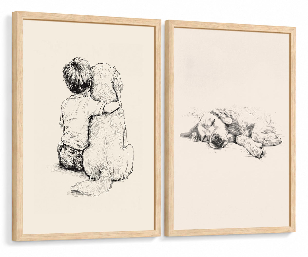 Boy and Dog Wall Art Set of 2 Framed (boydog / 12"L x 16"W)