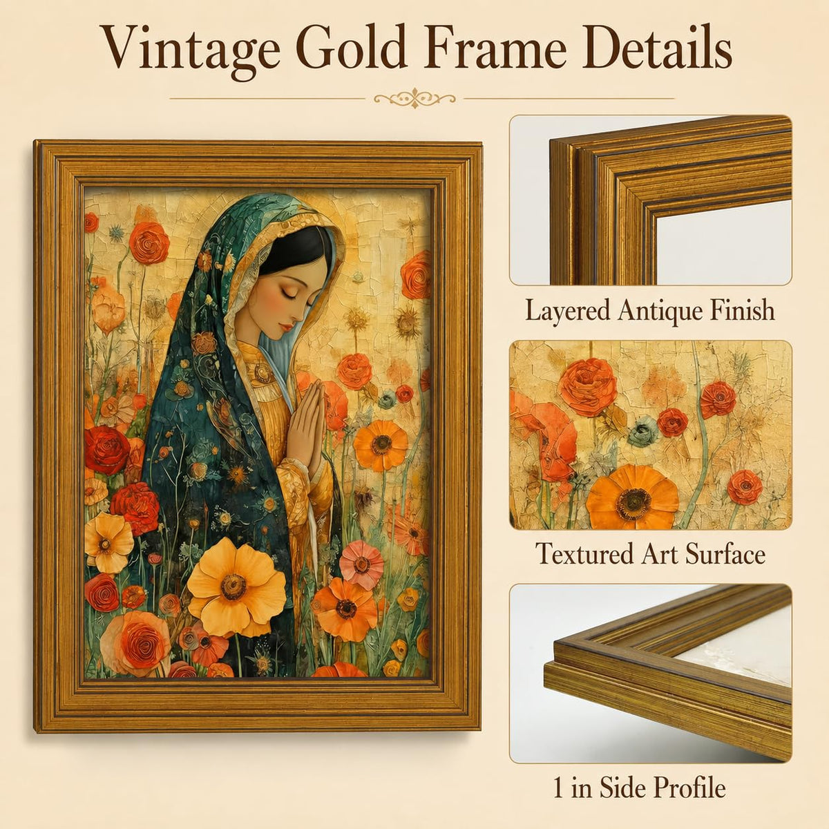 Gold Framed Our Lady Guadalupe Canvas Wall Art Christianity Virgin Mary Painting Picture Wall Decor Vintage Color Catholicism Spiritual Poster Print Artwork for Church Prayer Bedroom Home Decoration (Guadalupe A / 16"L x 12"W)