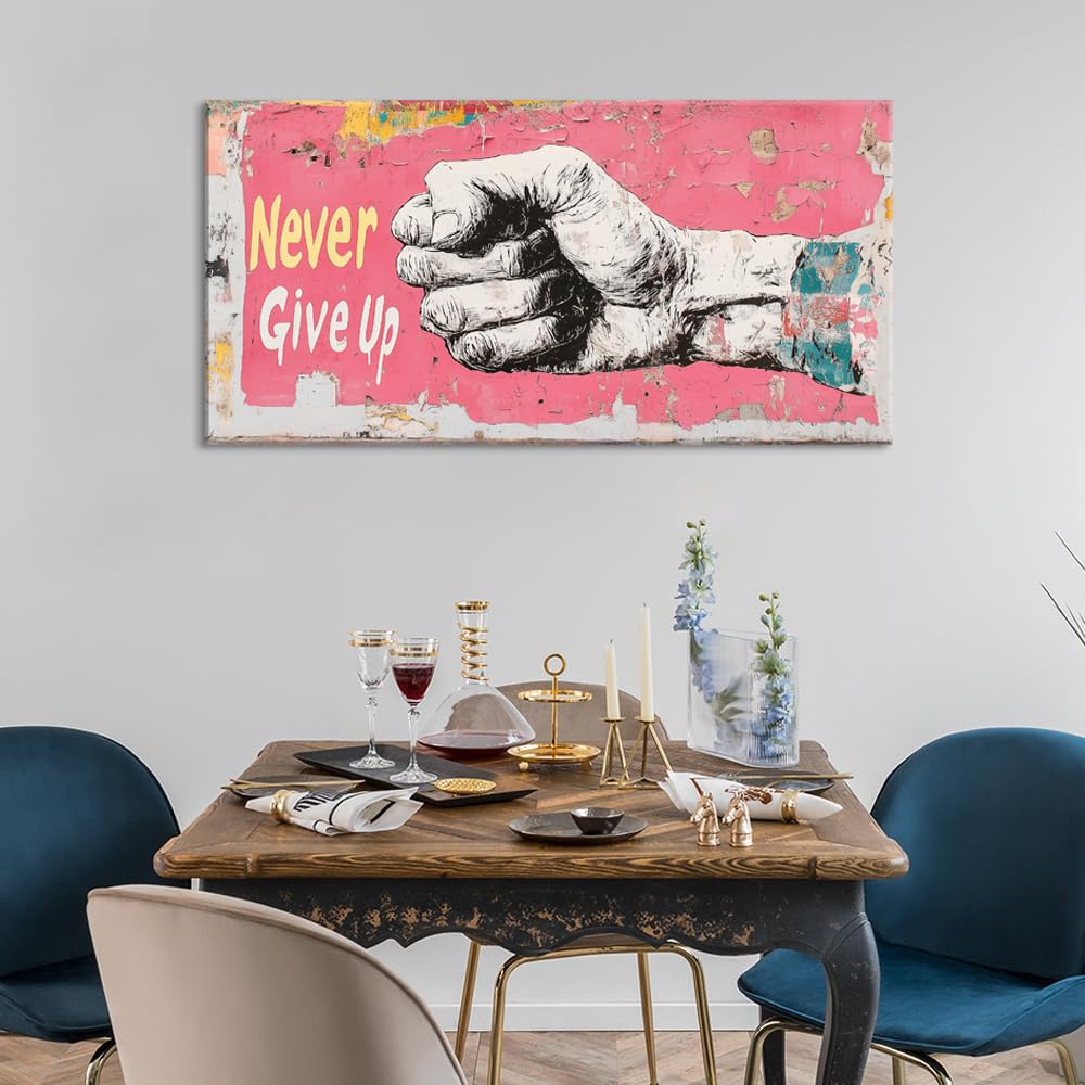 Pink Street Art Never Give Up Wall Art for Living Room Office Urban Motivation Graffiti Mural Painting Prints Inspirational Canvas Artwork Dining Bedroom Decor Large (Abstract / Pink White Never Give Up Wall Art / 46L" x 23W")