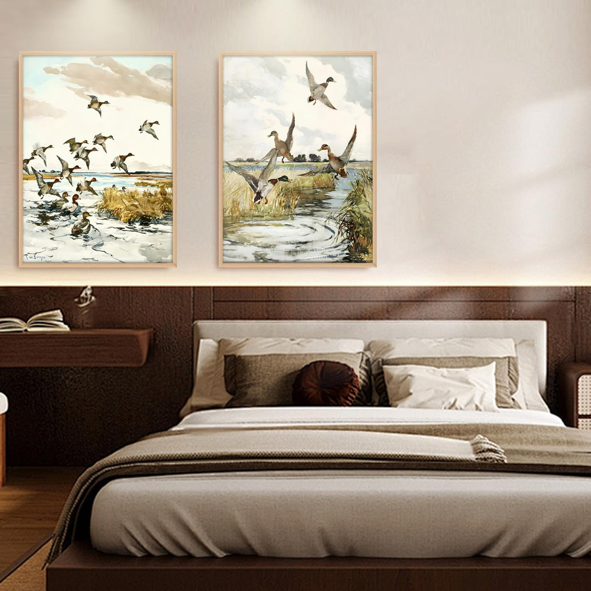 2Pcs Vintage Duck Wall Art Rustic Mallards Marsh Landscape Canvas Prints (Vintage Duck 2Pcs / 16x24 Inches)