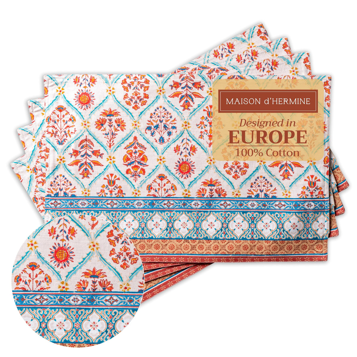 Placemats Set of 4 Reusable 100% Cotton (022 - Romane / 13" X 19" (Pack of 4))
